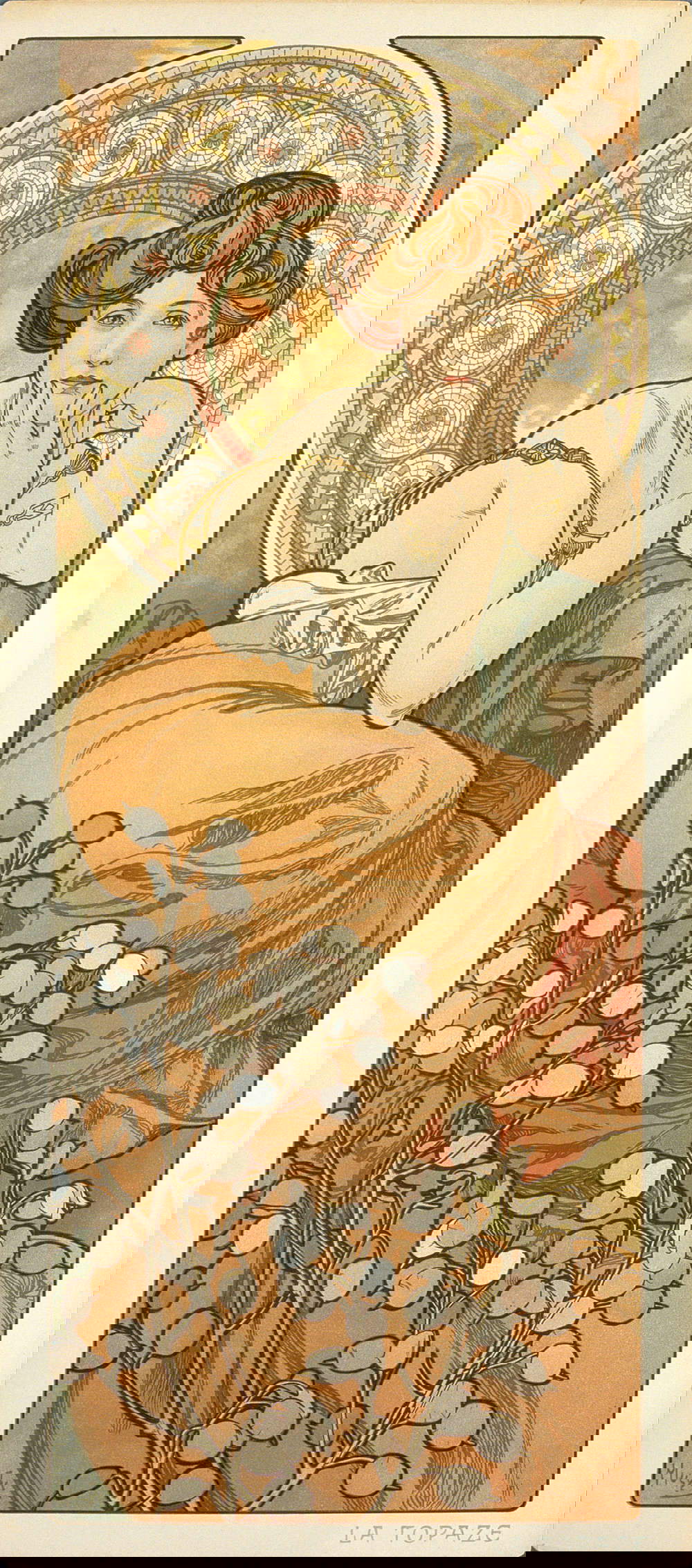 Alfons Mucha, Les pierres précieuses : la topaze (1900 ; lithographie en couleur, 67,2x30 cm) © Mucha Trust 2023 Alfons Mucha, Les pierres précieuses : la topaze (1900 ; lithographie en couleur, 67,2x30 cm) © Mucha Trust 2023