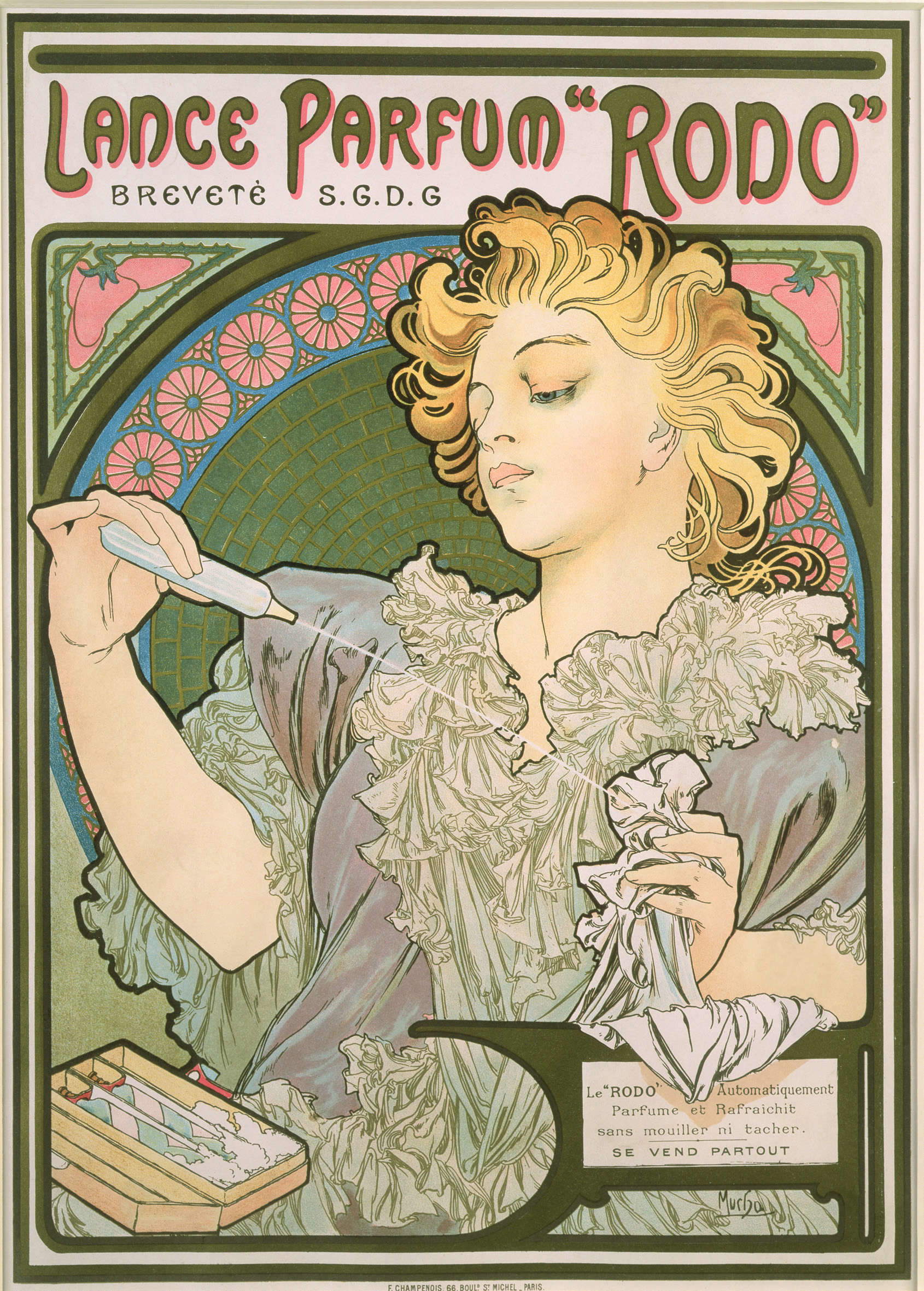 Alfons Mucha, Lance Perfum 'RODO' (1896; litografía en color, 44,5x32 cm) © Mucha Trust 2023 Alfons Mucha, Lance Perfum 'RODO' (1896; litografía en color, 44,5x32 cm) © Mucha Trust 2023