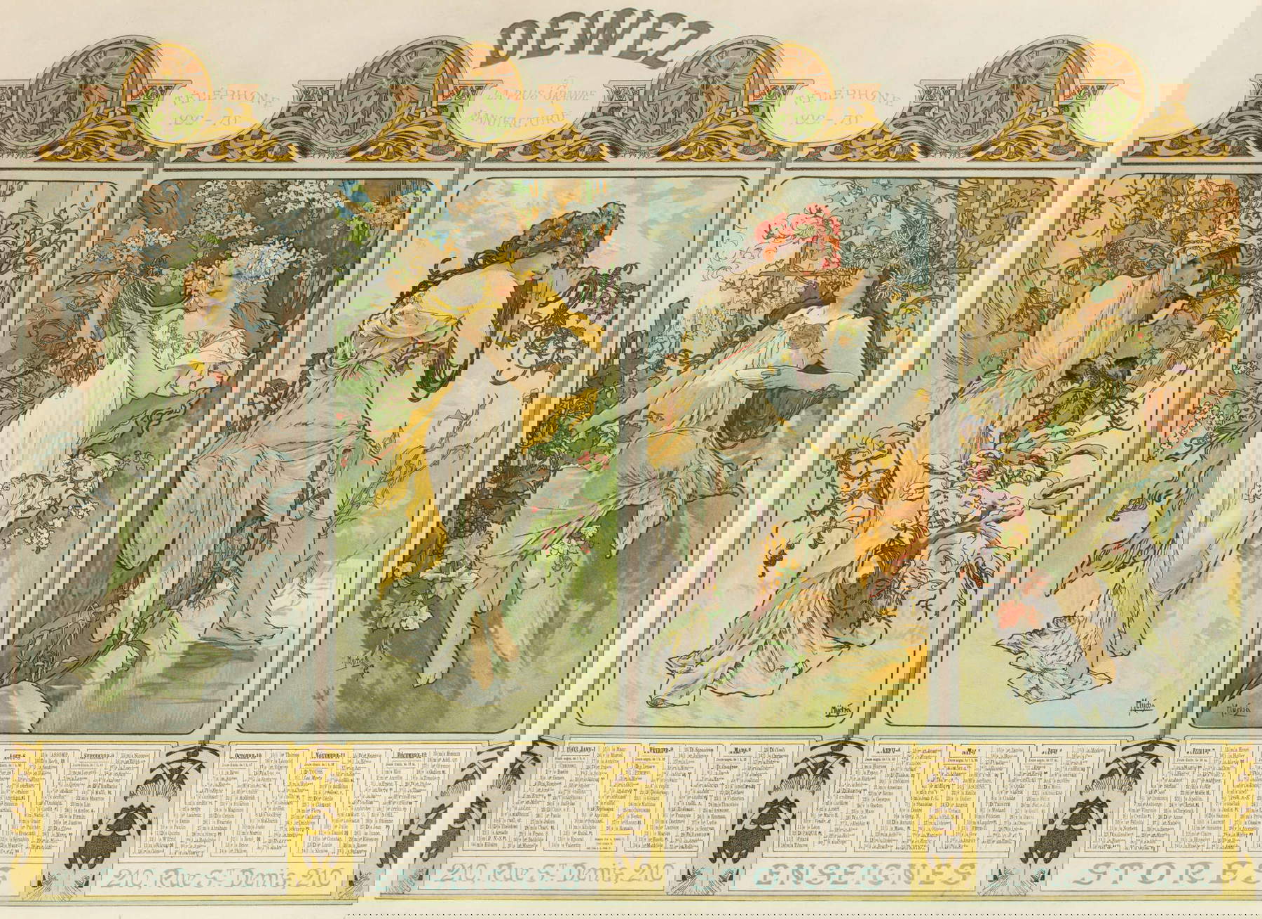 Alfons Mucha, Las estaciones: Calendario para Dewez Enseignes, París (1903; litografía en color, 49x66 cm) © Mucha Trust 2023 Alfons Mucha, Las estaciones: Calendario para Dewez Enseignes, París (1903; litografía en color, 49x66 cm) © Mucha Trust 2023