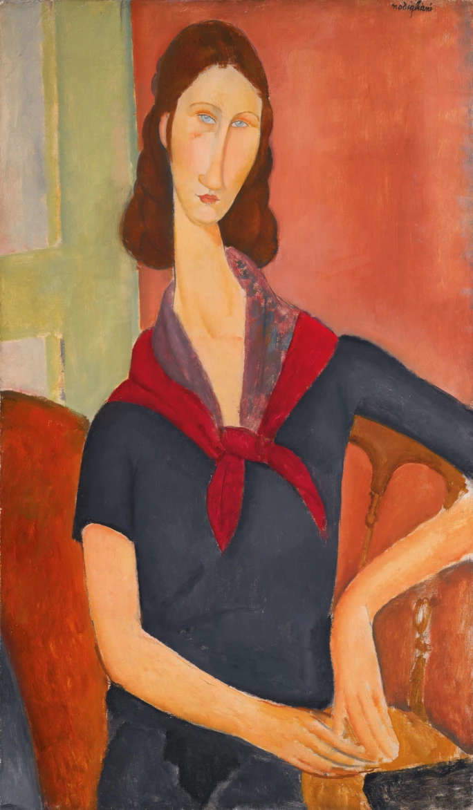 Amedeo Modigliani, Portrait de Jeanne Hébuterne (1919 ; huile sur toile, 92 x 54 cm ; collection privée) Amedeo Modigliani, Portrait de Jeanne Hébuterne (1919 ; huile sur toile, 92 x 54 cm ; collection privée)