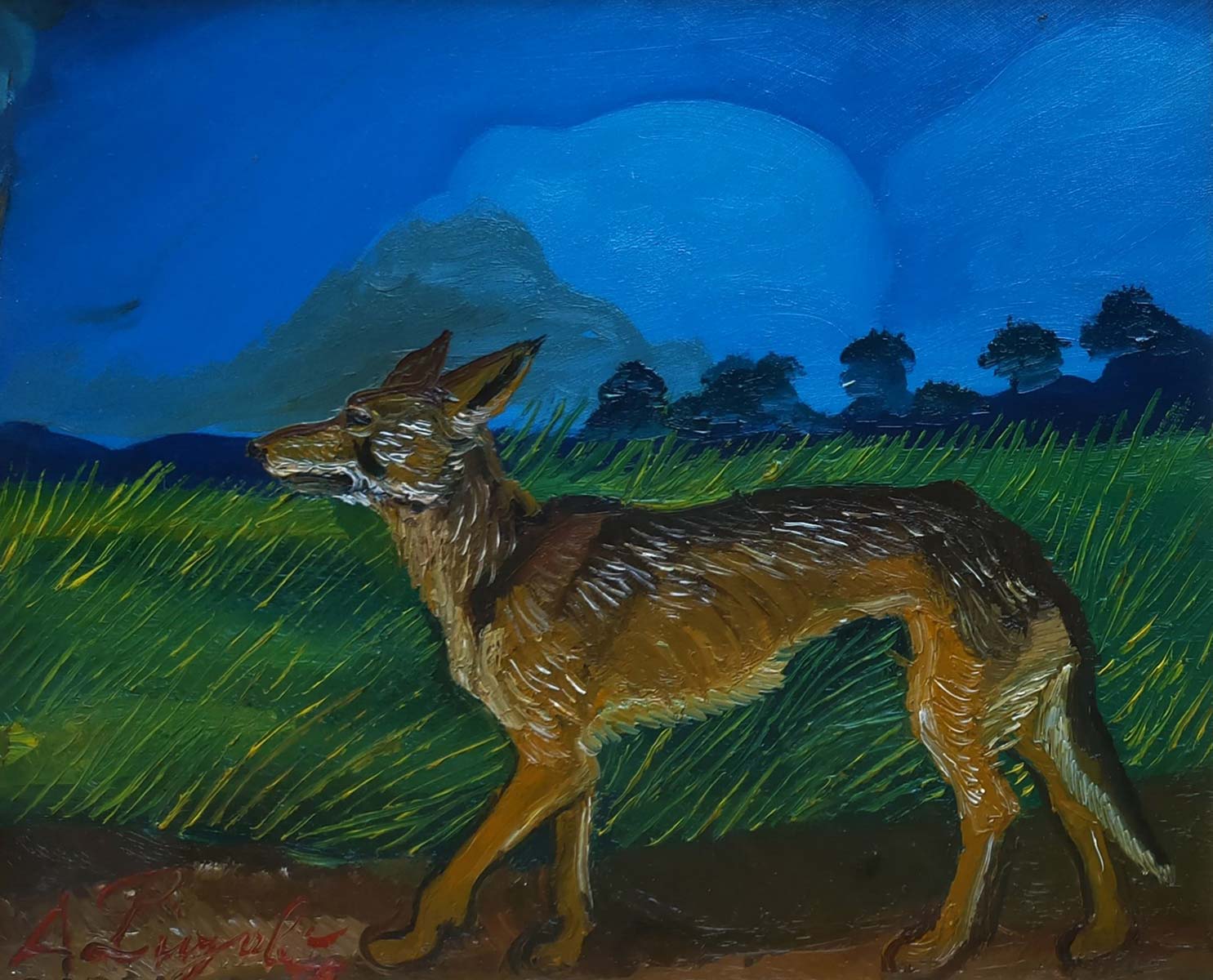 Antonio Ligabue, Sciacallo con paesaggio (1956; óleo sobre faesita, 26,5 x 32 cm) Antonio Ligabue, Sciacallo con paesaggio (1956; óleo sobre faesita, 26,5 x 32 cm)