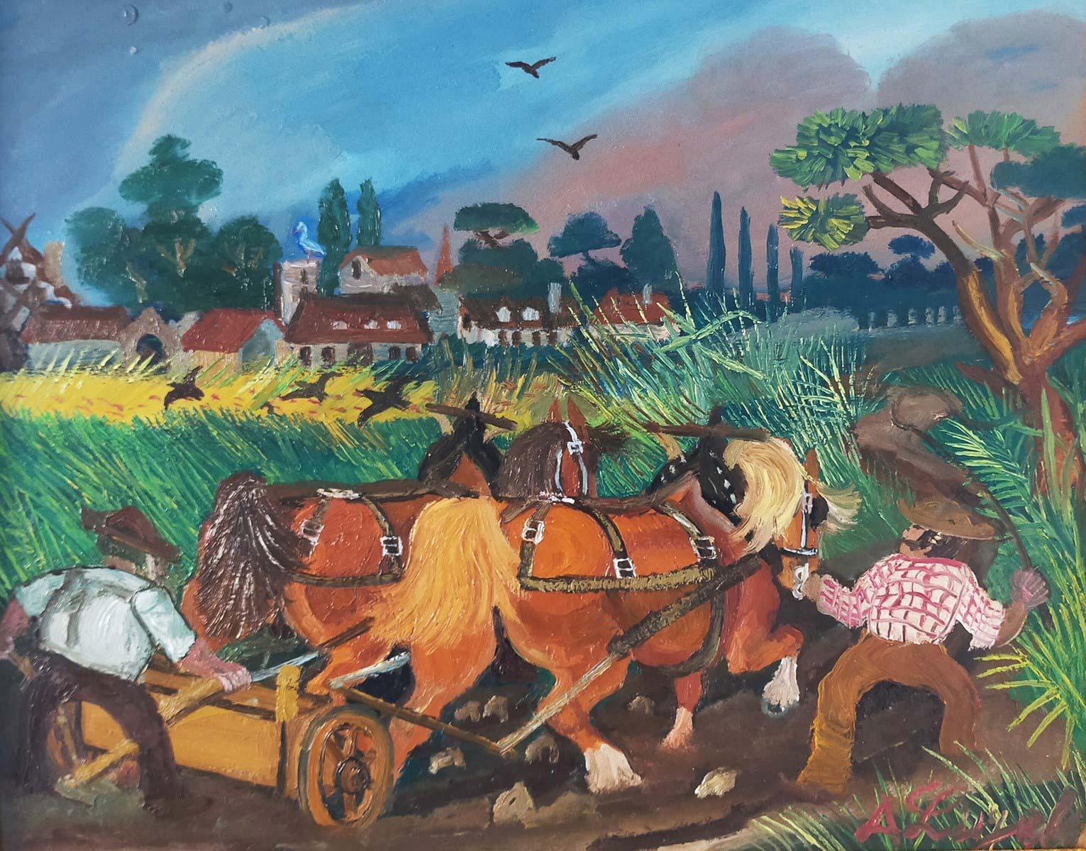 Antonio Ligabue, Siembra con caballos (1953; óleo sobre faesita, 43,3 x 55,2 cm) Antonio Ligabue, Siembra con caballos (1953; óleo sobre faesita, 43,3 x 55,2 cm)