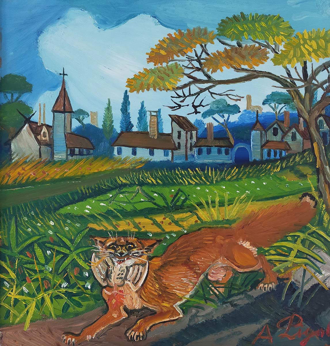 Antonio Ligabue, Zorro en fuga con paisaje (1956; óleo sobre faesita, 40 x 42 cm) Antonio Ligabue, Zorro en fuga con paisaje (1956; óleo sobre faesita, 40 x 42 cm)