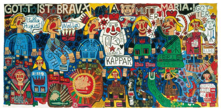 August Walla, G&ouml;tter (1986; Acryl auf Leinwand, 260 x 532 cm; Lausanne, Collection de l'Art Brut)