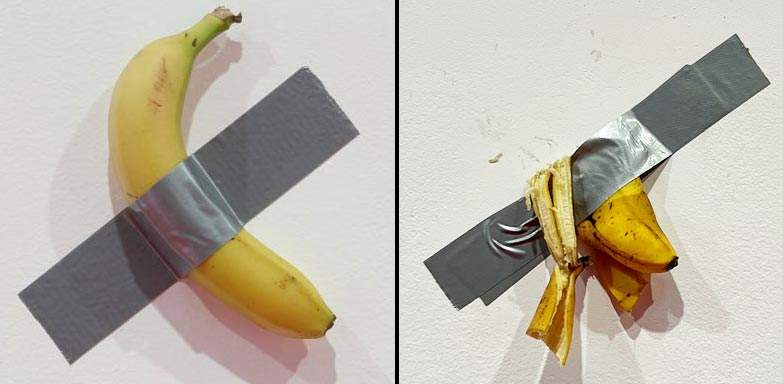 Seoul, a student eats Cattelan's banana at the exhibition, and sticks the peel to the wall
