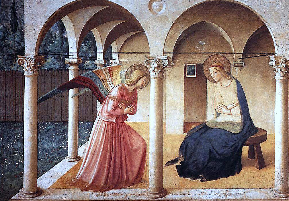 Beato Angelico, Annonciation du couloir nord (1440-1450 ; fresque, 230 x 321 cm ; Florence, Museo Nazionale di San Marco) Beato Angelico, Annonciation du couloir nord (1440-1450 ; fresque, 230 x 321 cm ; Florence, Museo Nazionale di San Marco)