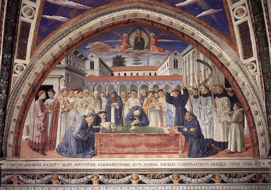 Benozzo Gozzoli, El funeral de San Agustín (1464-65; fresco, 440 cm de ancho; San Gimignano, Iglesia de San Agustín, Capilla del Coro) Benozzo Gozzoli, El funeral de San Agustín (1464-65; fresco, 440 cm de ancho; San Gimignano, Iglesia de San Agustín, Capilla del Coro)