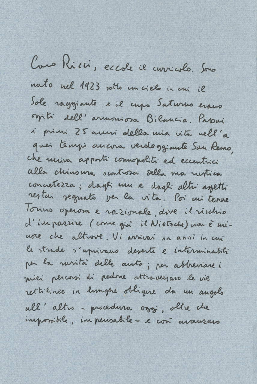 CV di Calvino che mandò a Ricci in occasione della loro prima collaborazione e che venne pubblicato come appendice nel volume Tarocchi e sotto la dicitura: Notizie su Italo Calvino CV di Calvino che mandò a Ricci in occasione della loro prima collaborazione e che venne pubblicato come appendice nel volume Tarocchi e sotto la dicitura: Notizie su Italo Calvino