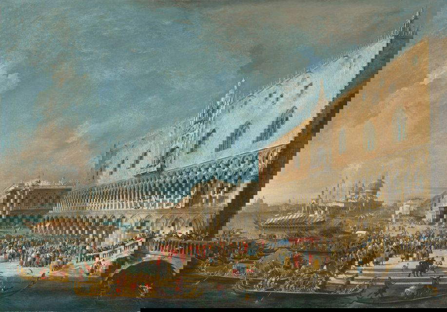 Antonio Canal known as Canaletto, The Arrival of French Ambassador Jacques-Vincente Languet, Comte de Gergy, at the Doge's Palace in Venice on November 5, 1726 (1726-1727; oil on canvas). Presented by Lampronti Gallery Antonio Canal known as Canaletto, The Arrival of French Ambassador Jacques-Vincente Languet, Comte de Gergy, at the Doge's Palace in Venice on November 5, 1726 (1726-1727; oil on canvas). Presented by Lampronti Gallery
