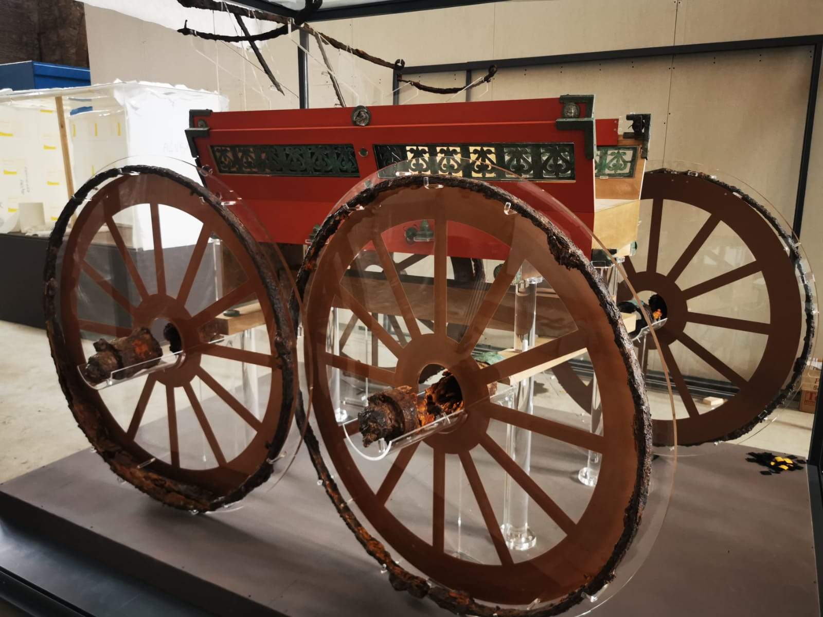 Pompeii, reconstructed rare parade chariot discovered in 2019. It can be seen in Rome