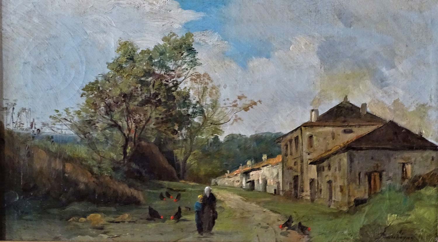 Charles-Fran&ccedil;ois Daubigny, Cour de ferme avec paysannes et poules picorantes (olio su tela; Collezione privata)