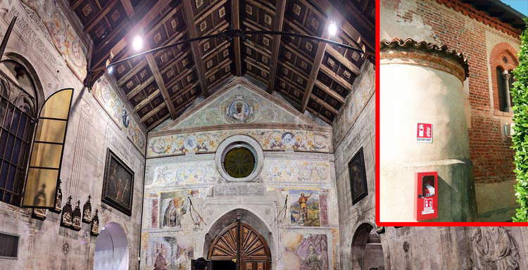 Castel Lambro (Pavia), fire extinguisher pops up on apse of 15th-century church