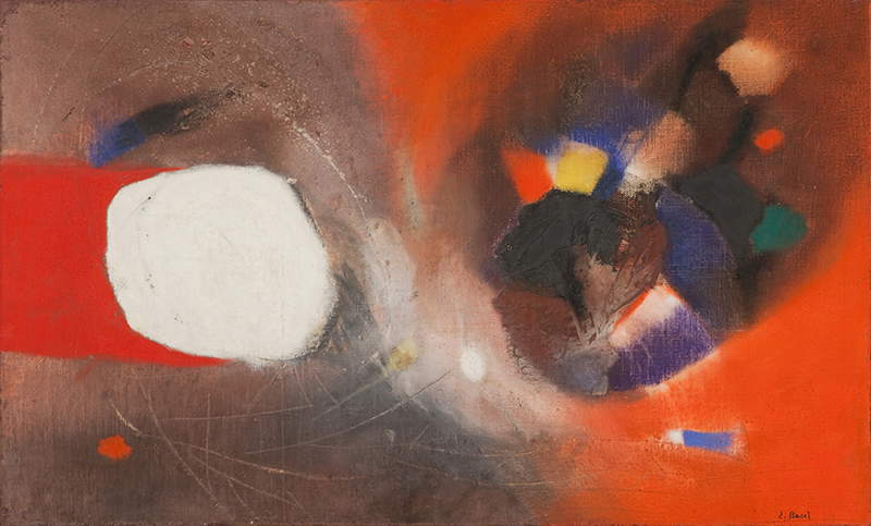 Edmondo Bacci, Ereignis #292 (Treffen) (um 1961; Tempera Grassa auf Leinwand, 83,5 x 138 cm; Venedig, Sammlung Peggy Guggenheim) Edmondo Bacci, Ereignis #292 (Treffen) (um 1961; Tempera Grassa auf Leinwand, 83,5 x 138 cm; Venedig, Sammlung Peggy Guggenheim)