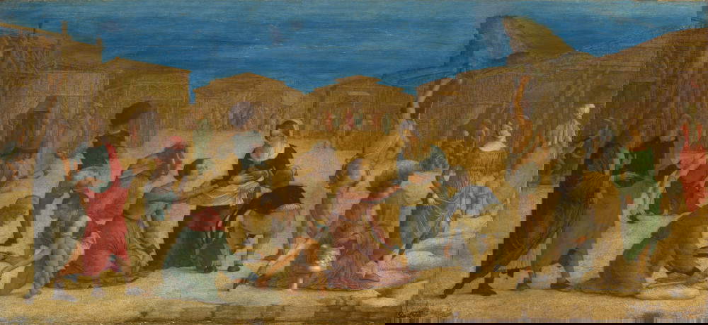 Ercole de' Roberti, Raccolta della manna (1493-96; tempera su tavola trasportata su tela, 28,9 x 63,5 cm; Londra, National Gallery. Acquistato nel 1886. © National Gallery