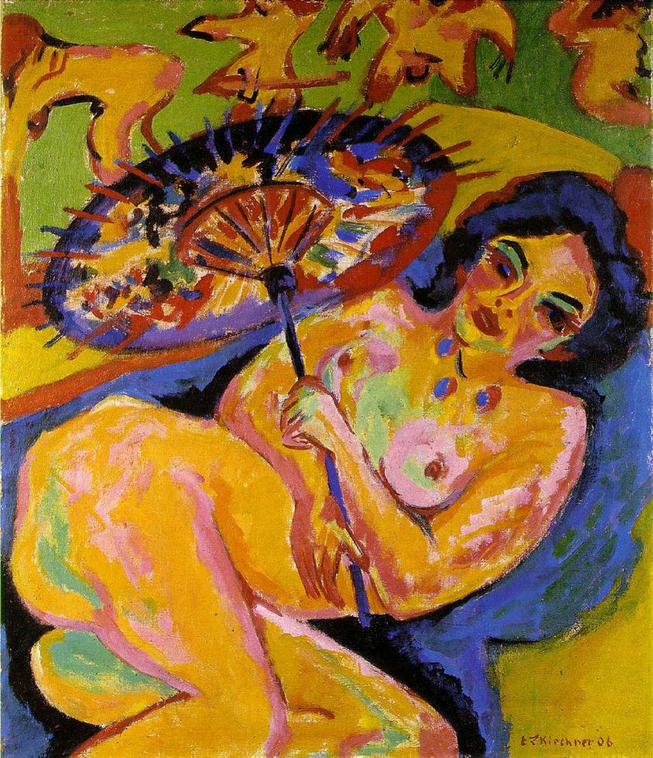 Ernst Ludwig Kirchner, Jeune fille sous une ombrelle japonaise (1906 ou 1909 ; huile sur toile, 92 x 80 cm ; collection privée) Ernst Ludwig Kirchner, Jeune fille sous une ombrelle japonaise (1906 ou 1909 ; huile sur toile, 92 x 80 cm ; collection privée)