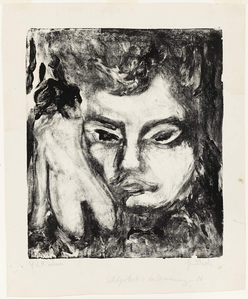 Ernst Ludwig Kirchner, Tête d'homme avec nu (1906 ; lithographie sur papier, 384 x 325 mm ; Chicago, The Chicago Art Institute) Ernst Ludwig Kirchner, Tête d'homme avec nu (1906 ; lithographie sur papier, 384 x 325 mm ; Chicago, The Chicago Art Institute)