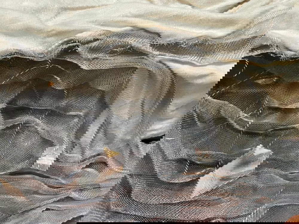 Daniela Evangelisti, L’agonia del ghiacciaio (2023; teli di canapa tessuta a telaio, teli di rete metallica, lamine di plexiglass, filo d’acciaio, tondini di ferro). Video-sonoro Luca Favaro.