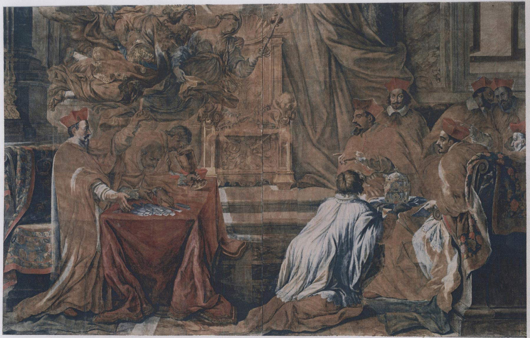 Fabio Cristofani, Maffeo Barberini elected pope (1667; tempera on cardboard, 318 x 505 cm; Rome, National Galleries of Ancient Art - Palazzo Barberini)