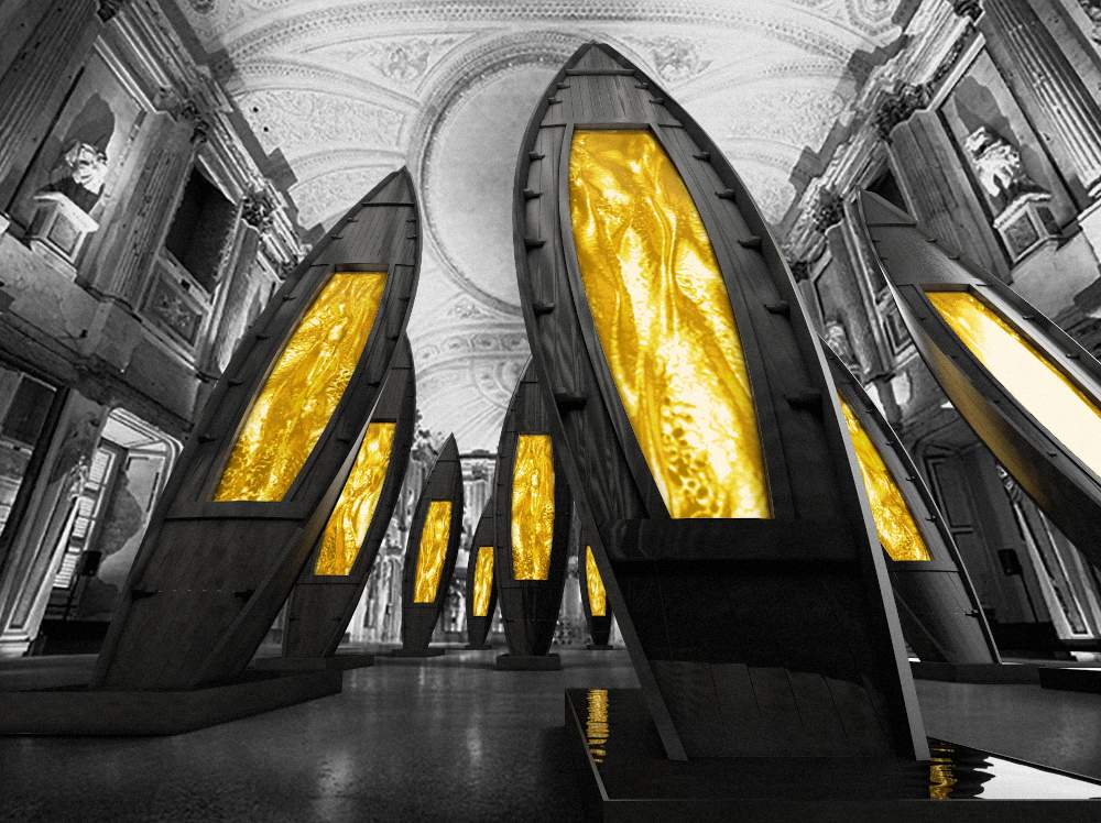 Milan, giant boats in which gold flows: Fabrizio Plessi's installation at Palazzo Reale 