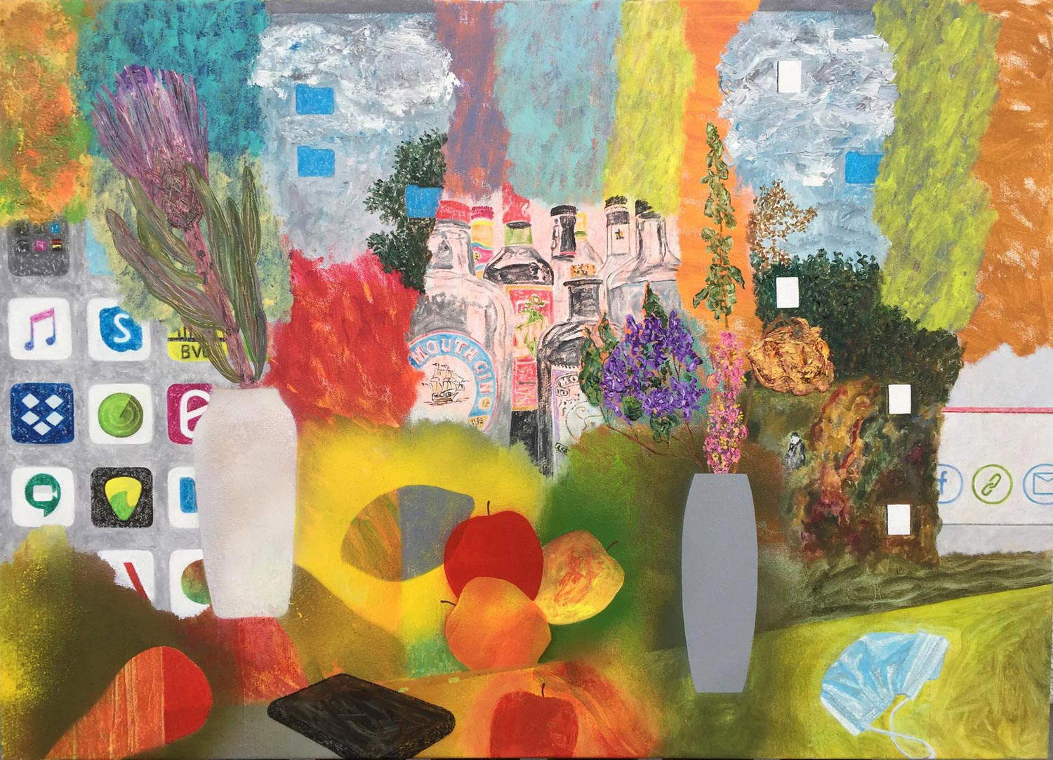 Flavio De Marco, Natura morta con mascherina (2021; olio, acrilico e spray su tela, 50 x 70 cm)