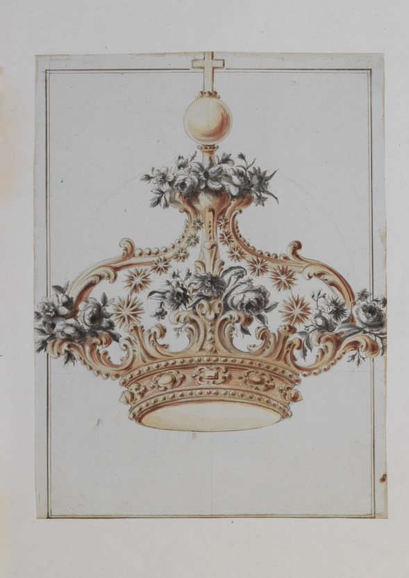 Dibujo para una corona decorada con motivos florales (lápiz, acuarela marrón, amarilla, rosa y gris, 482 x 364 mm; Florencia, Galería de los Uffizi) Dibujo para una corona decorada con motivos florales (lápiz, acuarela marrón, amarilla, rosa y gris, 482 x 364 mm; Florencia, Galería de los Uffizi)