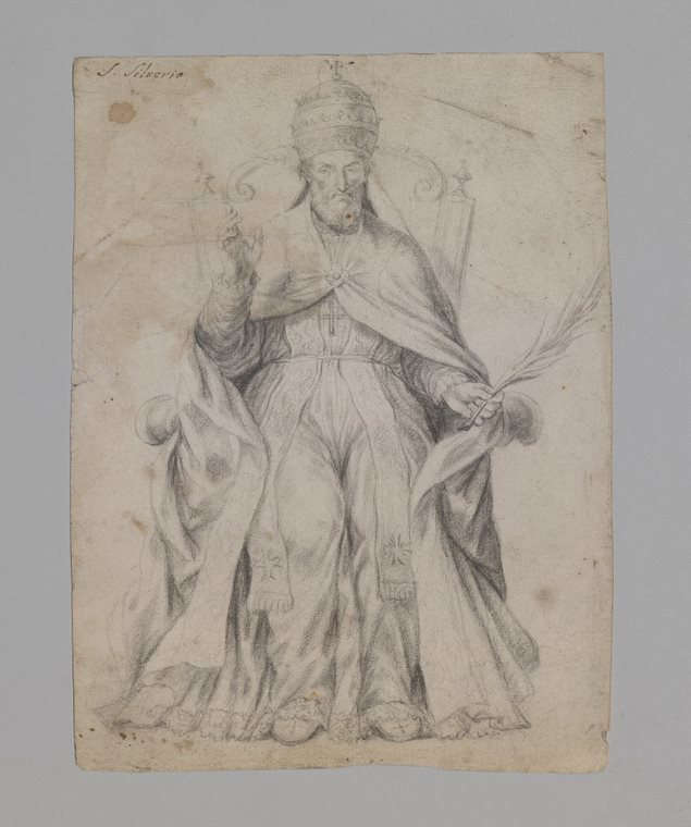 Dibujo para una escultura del Papa San Silverio entronizado (lápiz y tinta marrón; 280 x 210 mm; Florencia, Galerías de los Uffizi) Dibujo para una escultura del Papa San Silverio entronizado (lápiz y tinta marrón; 280 x 210 mm; Florencia, Galerías de los Uffizi)