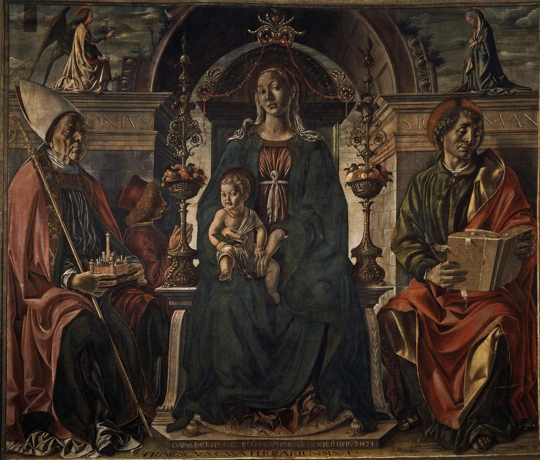Francesco del Cossa, Madonna col Bambino in trono fra i santi Petronio e Giovanni Evangelista adorata dal committente Alberto de Cattaneis (Pala dei Mercanti) (1474; tela, 227,2 x 267 cm; Bologna, Pinacoteca Nazionale, inv. 580)