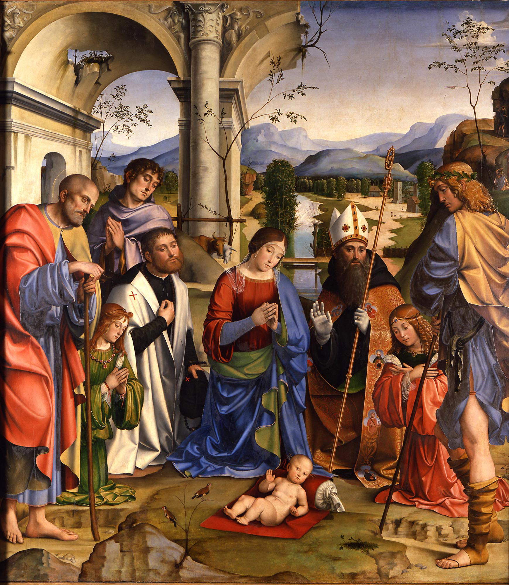 Francesco Raibolini detto il Francia, Il Bambino adorato dalla Vergine e dai santi Giuseppe, Agostino e Francesco e da due angeli alla presenza di Anton Galeazzo e Alessandro Bentivoglio (Pala Bentivoglio) (1498-1499 circa; tavola, 234 x 193 cm; Bologna, Pinacoteca Nazionale, inv. 584)