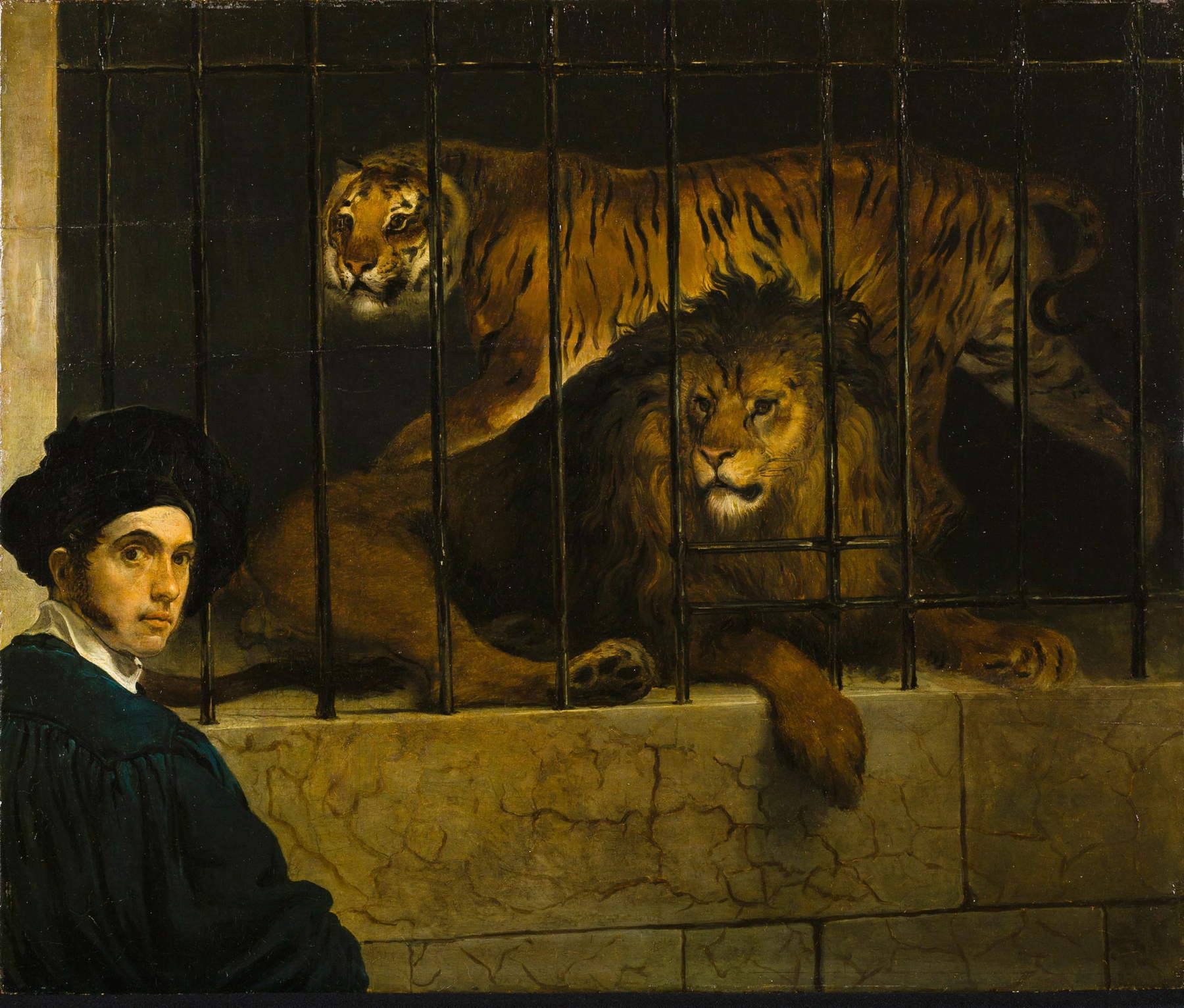 Francesco Hayez, A Lion and a Tiger within a Cage with a Portrait of the Painter (1831; oil on panel, 43 x 51 cm; Milan, Museo Poldi Pezzoli) Francesco Hayez, A Lion and a Tiger within a Cage with a Portrait of the Painter (1831; oil on panel, 43 x 51 cm; Milan, Museo Poldi Pezzoli)
