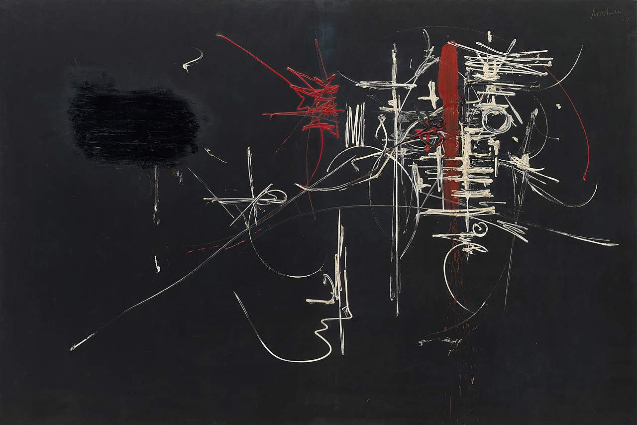 Georges Mathieu, Peinture (1952; óleo sobre lienzo, 200 x 299,7 cm; Nueva York, Museo Guggenheim) Georges Mathieu, Peinture (1952; óleo sobre lienzo, 200 x 299,7 cm; Nueva York, Museo Guggenheim)