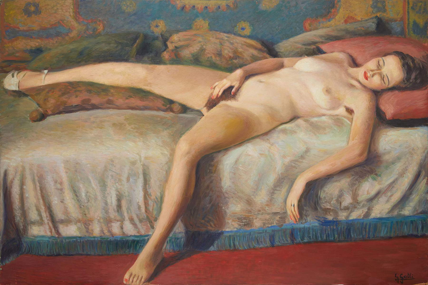 Gino Galli, Nude of a Woman (autoeroticism) (1920s; oil on panel, 118 x 135 cm; Rome, Private Collection) Gino Galli, Nude of a Woman (autoeroticism) (1920s; oil on panel, 118 x 135 cm; Rome, Private Collection)
