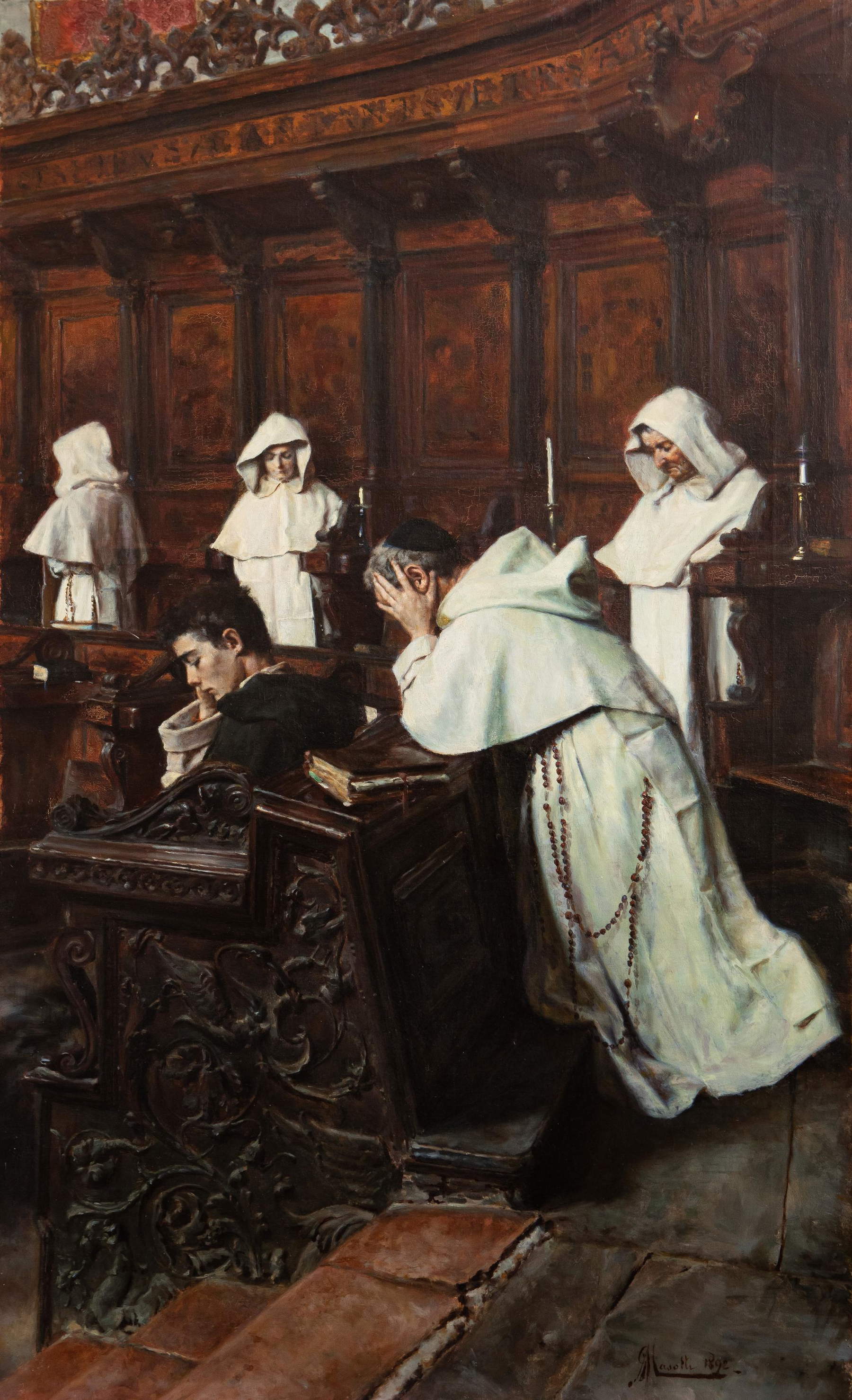 Giovanni Masotti, Chœur de San Domenico avec des frères (1892 ; huile sur toile, 103,5 x 62,5 cm ; Bologne, Fondazione Collegio Artistico Venturoli) Giovanni Masotti, Chœur de San Domenico avec des frères (1892 ; huile sur toile, 103,5 x 62,5 cm ; Bologne, Fondazione Collegio Artistico Venturoli)