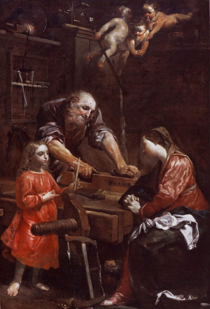 Giuseppe Maria Crespi, La Sacra Famiglia nella bottega del falegname (olio su tela, 190 x 128,5 cm; Modena, Collezione BPER Banca) Giuseppe Maria Crespi, La Sacra Famiglia nella bottega del falegname (olio su tela, 190 x 128,5 cm; Modena, Collezione BPER Banca)