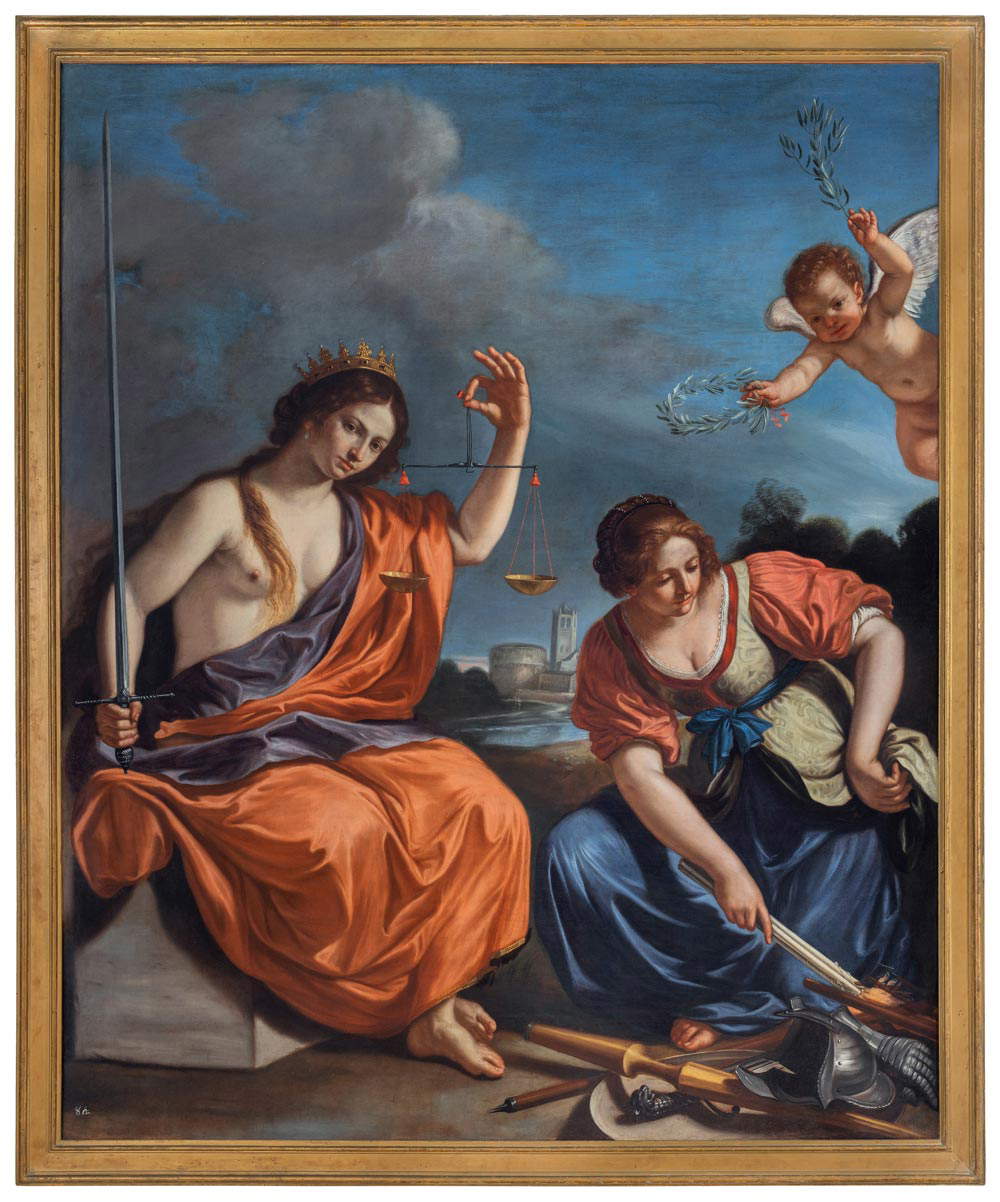 Giovan Francesco Barbieri, bekannt als Guercino und Werkstatt, Allegorien der Gerechtigkeit und des Friedens (erste Hälfte des 17. Jahrhunderts; Öl auf Leinwand, 216 x 163 cm; Padua, Museo d'Arte Medievale e Moderna - Musei Civici agli Eremitani, Inv. 1612) Giovan Francesco Barbieri, bekannt als Guercino und Werkstatt, Allegorien der Gerechtigkeit und des Friedens (erste Hälfte des 17. Jahrhunderts; Öl auf Leinwand, 216 x 163 cm; Padua, Museo d'Arte Medievale e Moderna - Musei Civici agli Eremitani, Inv. 1612)