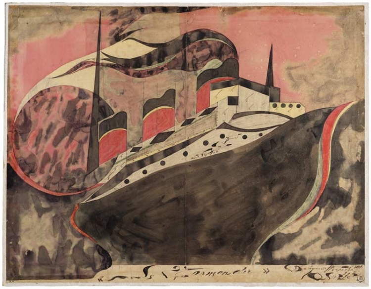 Guillaume Pujolle, La Normandie (2. August 1939; Aquarell und Tinte auf Papier, 39 x 50,5 cm; Lausanne, Collection de l'Art Brut)