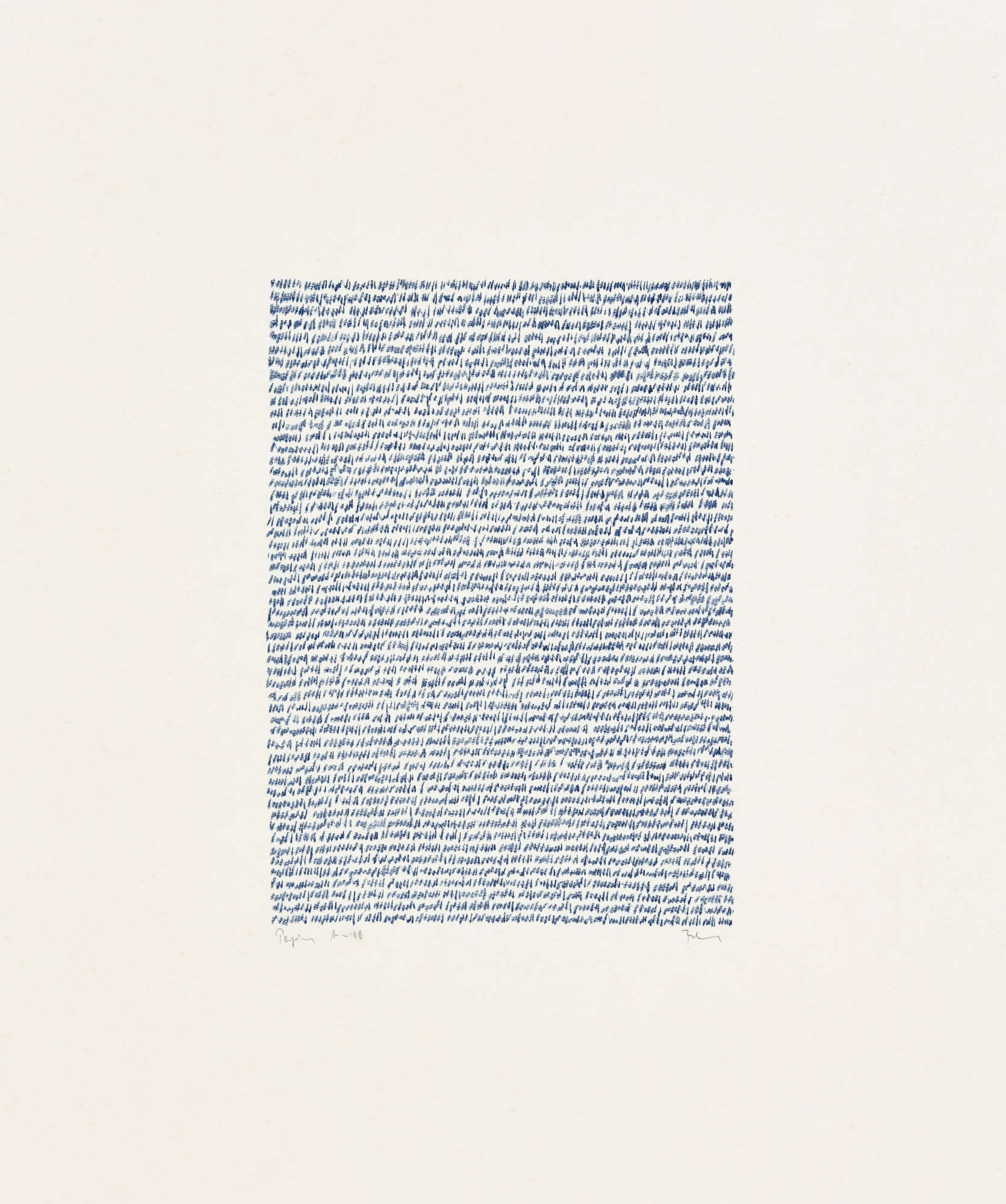 Irma Blank, Eigenschriften, Página A-10 (1973; pastel sobre papel-pastel sobre papel, 70 x 50 cm). Cortesía de Irma Blank Estate, Milán, y P420, Bolonia. Foto: Carlo Favero