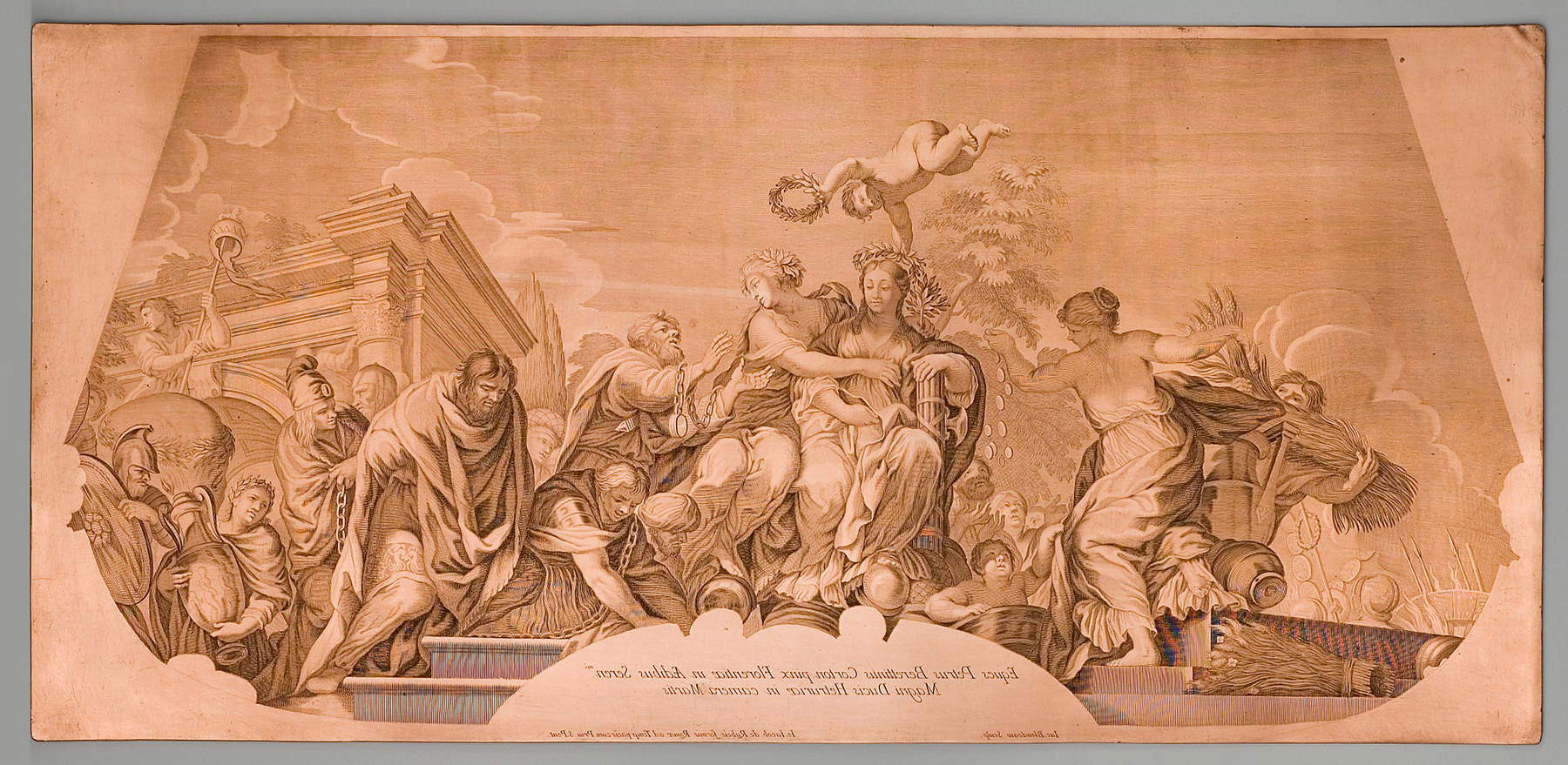 Jacques Blondeau, aus Pietro da Corton, Allegorie des Friedens und der Gerechtigkeit (1677 post - 1689 ante; Kupferstich mit Stichel, 38,8 x 82,2 cm; Rom, Istituto Centrale per la Grafica, Calcoteca, Fondo de Rossi, Inv. M-114/_9) Jacques Blondeau, aus Pietro da Corton, Allegorie des Friedens und der Gerechtigkeit (1677 post - 1689 ante; Kupferstich mit Stichel, 38,8 x 82,2 cm; Rom, Istituto Centrale per la Grafica, Calcoteca, Fondo de Rossi, Inv. M-114/_9)