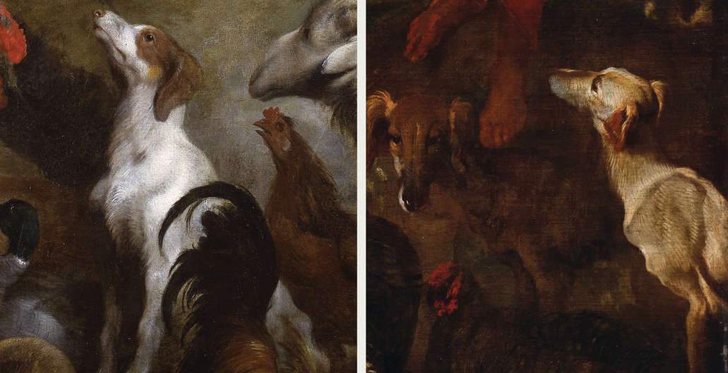 Gênes, deux peintures à peine visibles de Jan Roos et Grechetto comparées