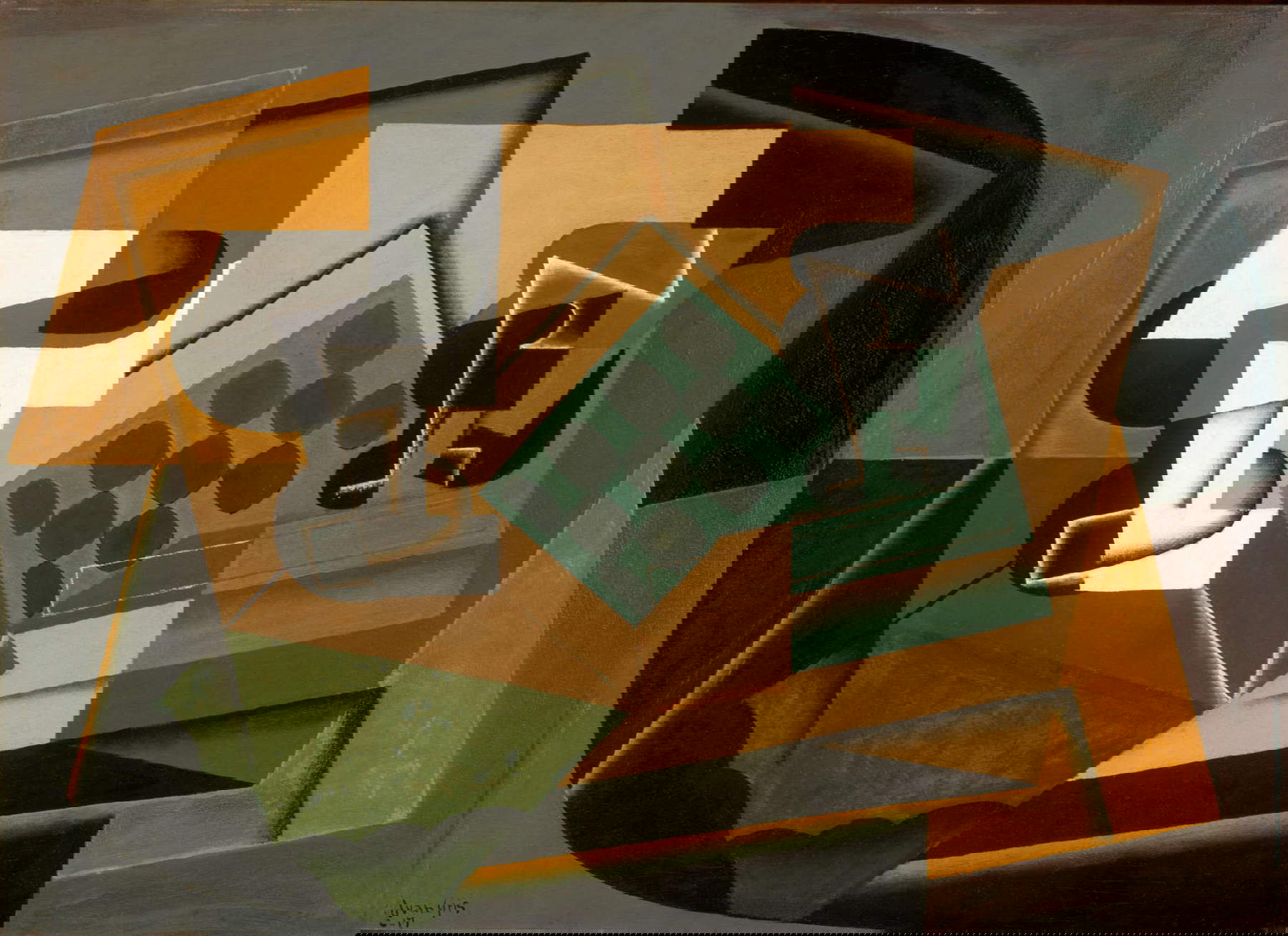 Juan Gris, Tablero de ajedrez, vidrio y plancha (1917; óleo sobre tabla, 73,3 x 103,2 cm; Filadelfia, Museo de Arte de Filadelfia)