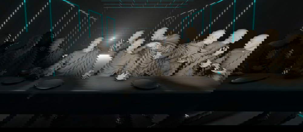 Franz Fischnaller, Last Supper Interactive, Christ and the twelve apostles with their bodily and gestural expressions depicted as on the two-dimensional surface of wall painting (Deep Space 8K