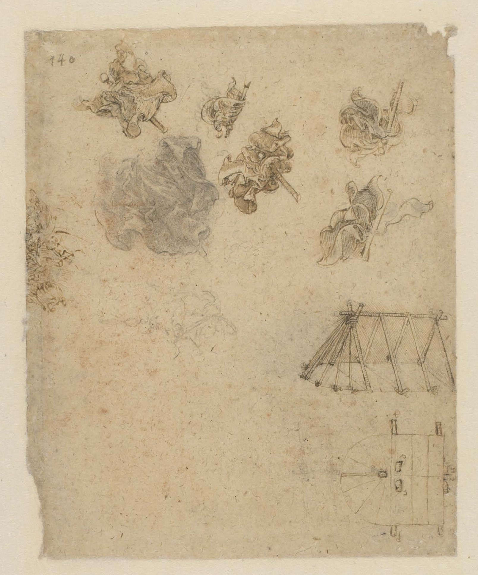 Leonardo da Vinci, Sei disegni di oggetti simili a bandiere lanciate in aria e struttura di tenda per accampamento militare, in pianta e alzato. Al margine sinistro, frammento di schizzo a penna asportato di un disegno perduto del Diluvio (1515 circa; pietra nera, penna ed inchiostro su carta ruvida; Milano, Veneranda Biblioteca Ambrosiana, Codice Atlantico, inv. 871 recto) © Veneranda Biblioteca Ambrosiana/Metis e Mida Informatica/Mondadori Portfolio Leonardo da Vinci, Sei disegni di oggetti simili a bandiere lanciate in aria e struttura di tenda per accampamento militare, in pianta e alzato. Al margine sinistro, frammento di schizzo a penna asportato di un disegno perduto del Diluvio (1515 circa; pietra nera, penna ed inchiostro su carta ruvida; Milano, Veneranda Biblioteca Ambrosiana, Codice Atlantico, inv. 871 recto) © Veneranda Biblioteca Ambrosiana/Metis e Mida Informatica/Mondadori Portfolio