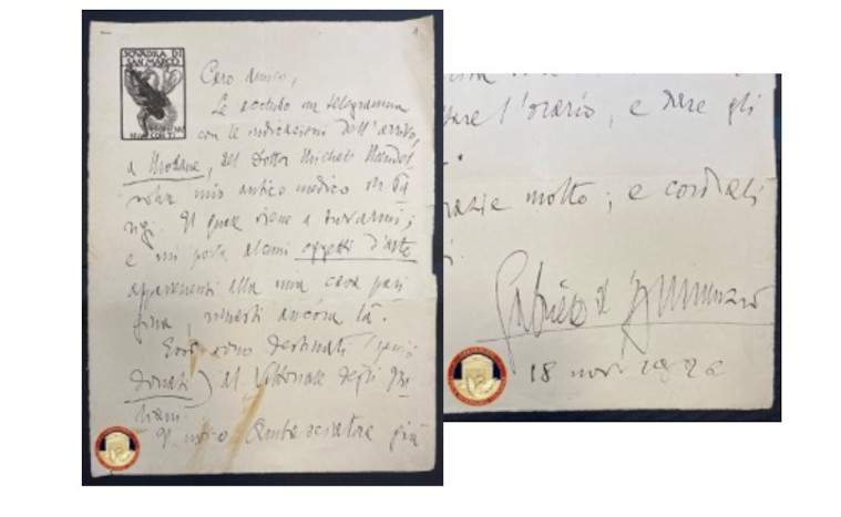 Lettre autographe de D'Annunzio retournée à la Bibliothèque centrale de Rome après plus de dix ans. 