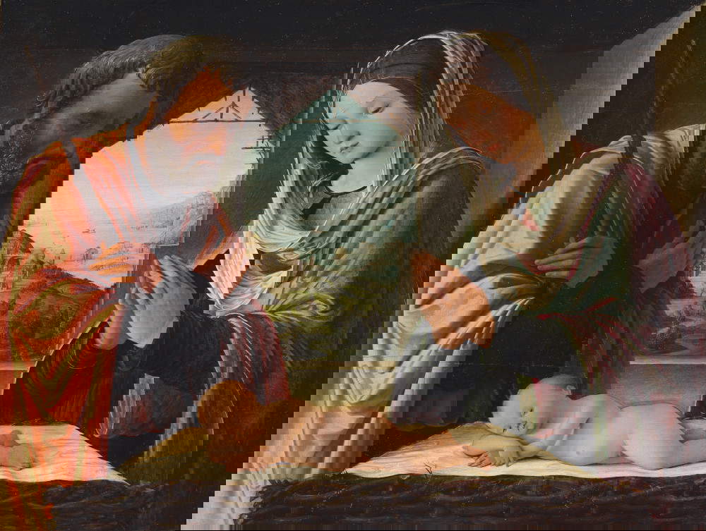 Lorenzo Costa, Adorazione del Bambino (1494; tempera e olio su tavola, 64,5 x 85,8 cm; Lione, Musée des Beaux-Arts) © MBA. Foto di Alain Basset