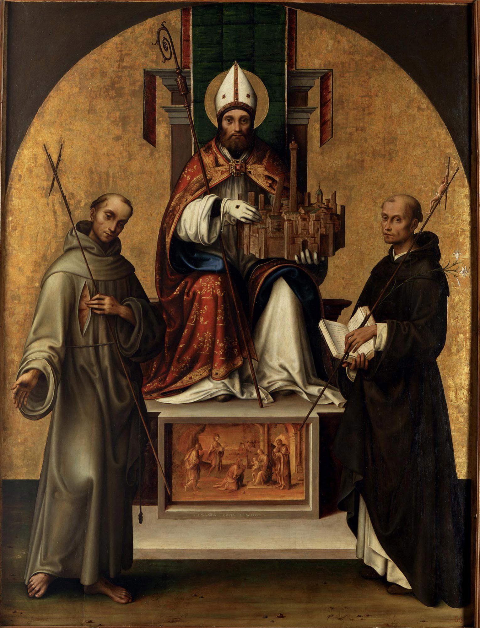 Lorenzo Costa, San Petronio tra due santi (1502; tavola, 192,5 x 145 cm; Bologna, Pinacoteca Nazionale, inv. 586)