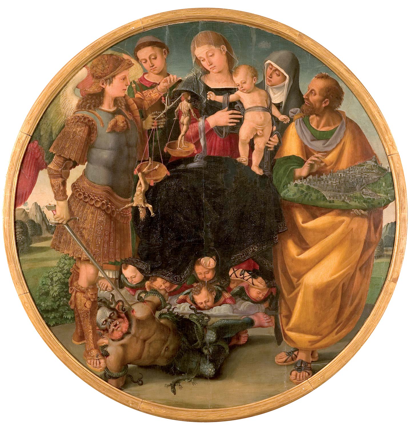 Luca Signorelli, Vergine con il Bambino, circondata da Santi (Tondo Signorelli) (1510/1515; tempera su tavola; Cortona, MAEC - Museo dell'Accademia Etrusca e della città di Cortona) Luca Signorelli, Vergine con il Bambino, circondata da Santi (Tondo Signorelli) (1510/1515; tempera su tavola; Cortona, MAEC - Museo dell'Accademia Etrusca e della città di Cortona)
