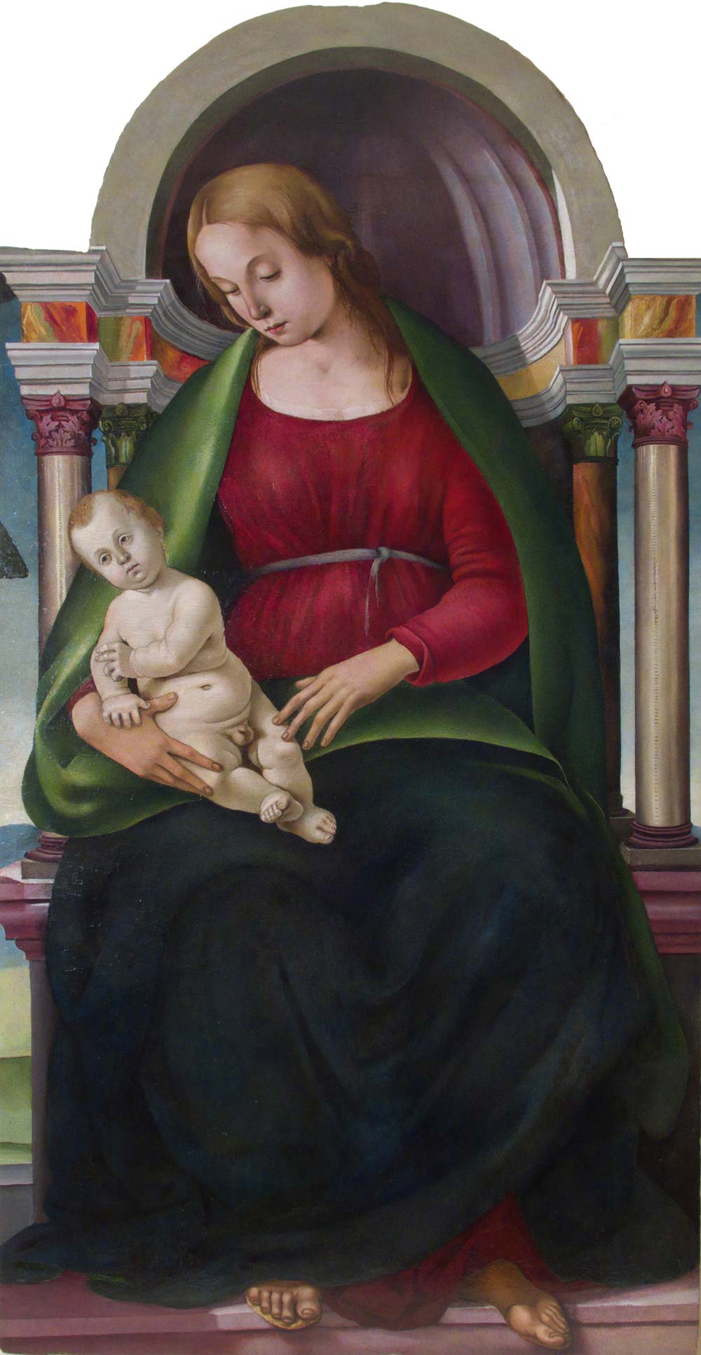 Luca Signorelli, Vergine col Bambino (1492-96 circa; olio su tavola; Montepulciano, Chiesa di Santa Lucia) Luca Signorelli, Vergine col Bambino (1492-96 circa; olio su tavola; Montepulciano, Chiesa di Santa Lucia)