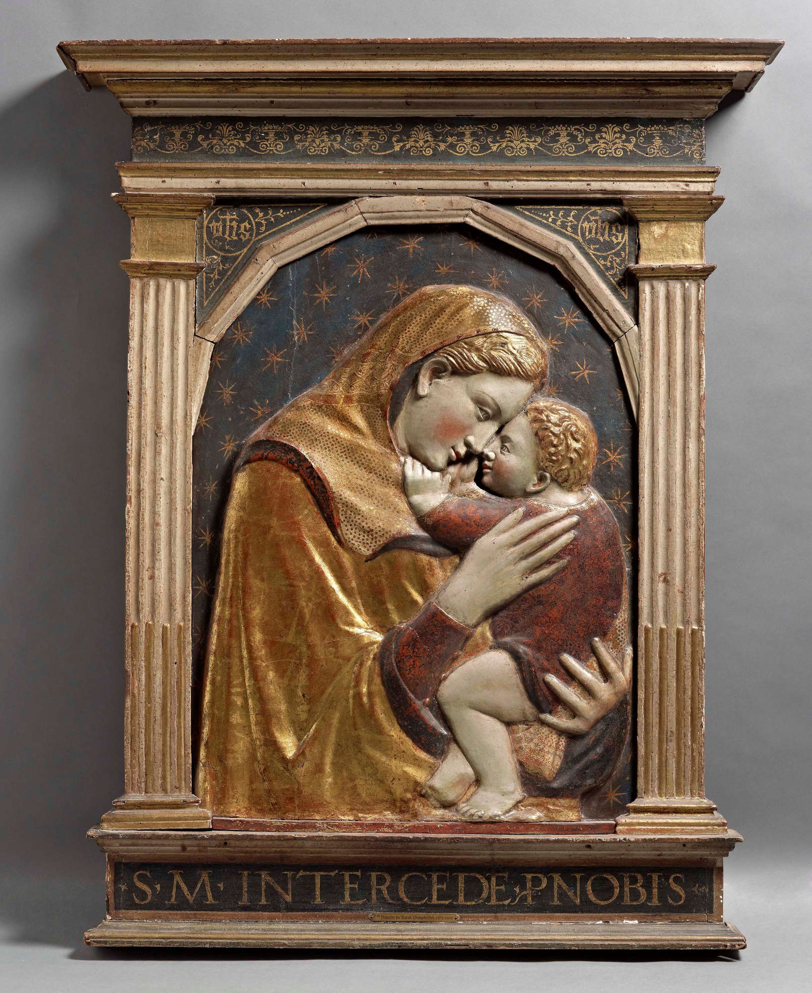 By Donatello, Madonna and Child (c. 1425-1450; partially gilded polychrome stucco; Florence, Museo di Palazzo Davanzati, gift Christian Levett)