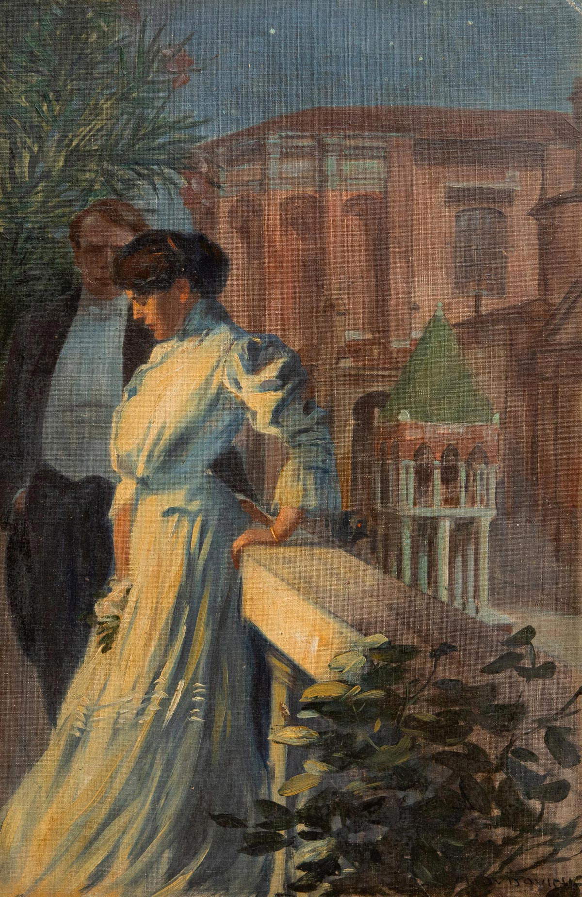 Marcello Dudovich, Autorretrato con Elisa Bucchi en la plaza de San Domenico (1899-1901; óleo sobre lienzo aplicado sobre contrachapado, 55,5 x 36 cm; Bolonia, Museo Ottocento)