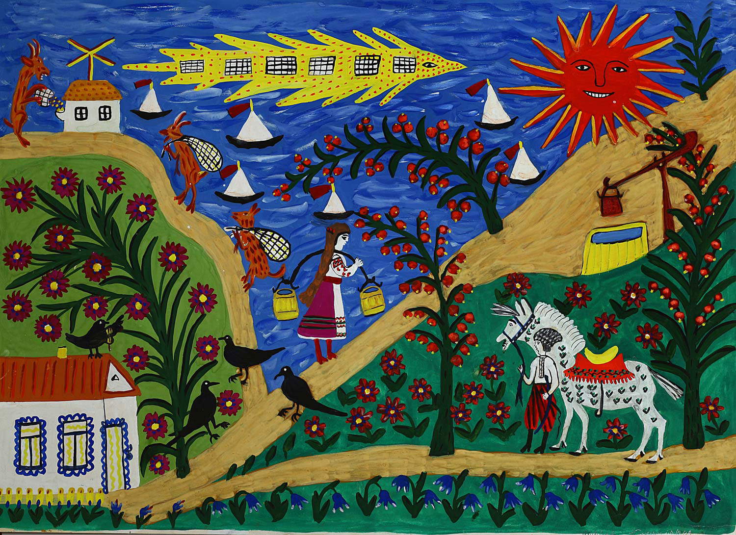 Maria Prymachenko, Espere señorita, no vaya demasiado rápido, déle de beber a mi caballo (1965; Kiev, Museo Nacional Taras Shevchenko) Maria Prymachenko, Espere señorita, no vaya demasiado rápido, déle de beber a mi caballo (1965; Kiev, Museo Nacional Taras Shevchenko)