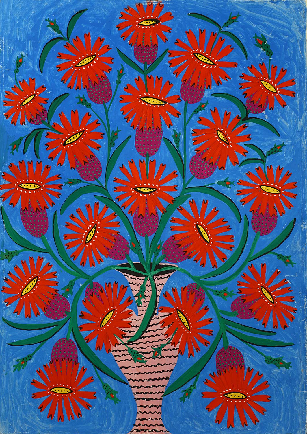 Maria Prymachenko, Flores del universo (patlashki) en un jarrón (1964; Kiev, Museo Nacional Taras Shevchenko) Maria Prymachenko, Flores del universo (patlashki) en un jarrón (1964; Kiev, Museo Nacional Taras Shevchenko)